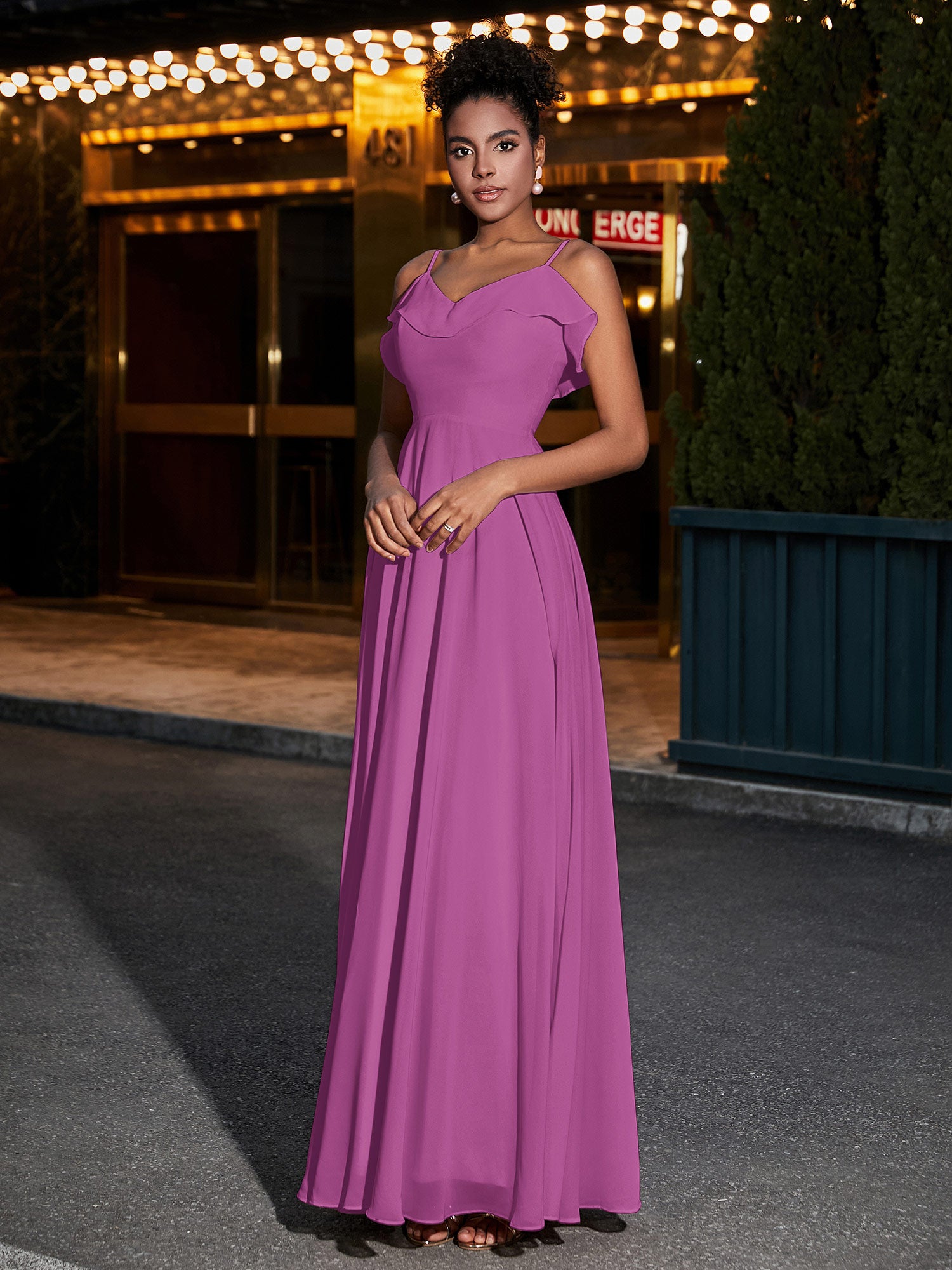 Spaghetti Strap Chiffon Bridesmaid Gowns-Orchid